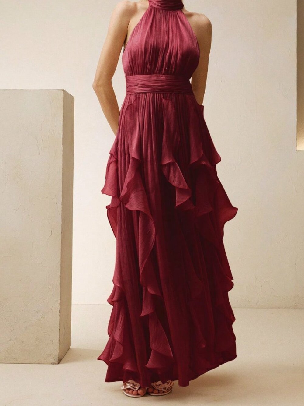Red Elegant Women's Backless Zipper Long A-Line Dress - Picture 4 of 7